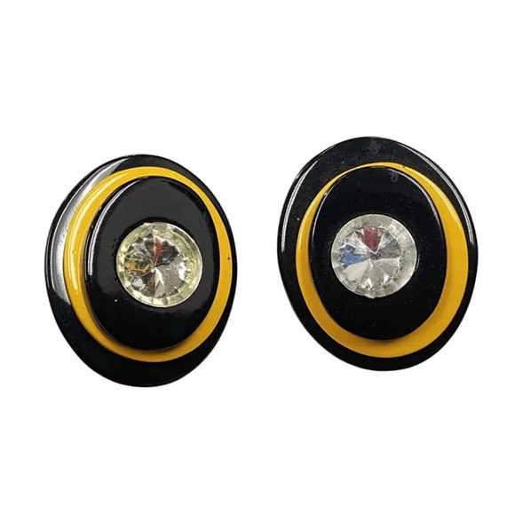 Vintage 60s- 70s Black Lucite Clear Rhinestone Crystal Stud Earrings - Picture 1 of 2